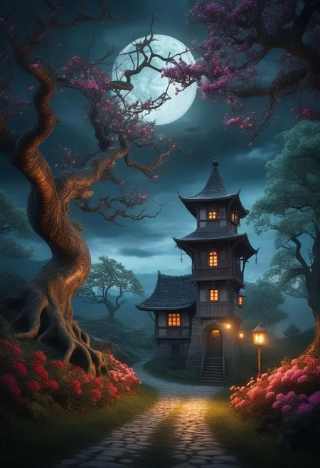A mesmerizing mythical nightscape featuring a dark, cloudy sky with a full moon casting eerie shadows. In the foreground, a towering tree with twisted branches and glowing flowers illuminates the mysterious path ahead. Ethereal creatures like unicorns, fairies, and elves are seen interacting with the environment. The background reveals a distant, mystical village with glowing windows and a watchtower. The overall ambiance of the image is enchanting, mystical, and slightly eerie.