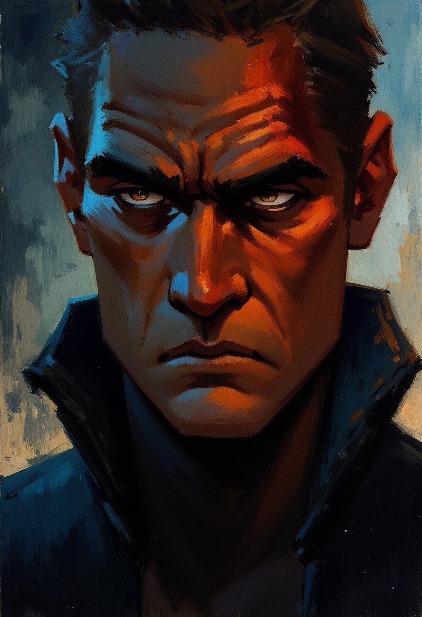 close-up oil painting portrait rendered in a loose, impressionistic style with thick, expressive brush strokes. It depicts a rugged sci-fi detective standing in the shadows. chiseled-like facial features and large captivating hazel-black eyes that exude a sense of strength and defiance. round facial shape with angular prominent bold facial features. shallow depth of field, bokeh background, CYMK neon lights shining on a rough skin and reflects his big captivating eyes. incredibly detailed. Kodak film style, dramatic light,epic photography,Hollywood Cinematic Film style, cyberpunk, dreamlike fantasy image,