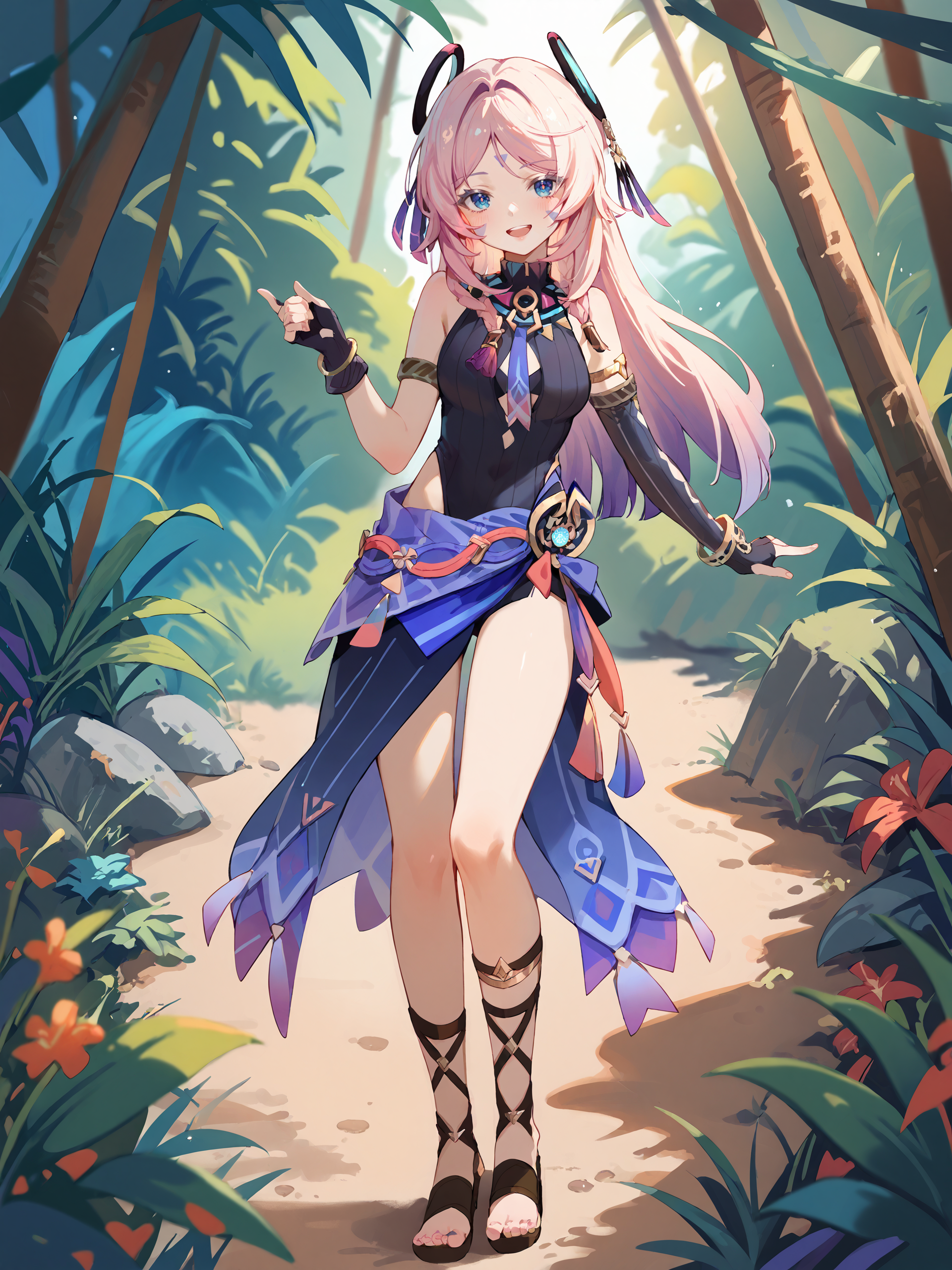 1girl, citlali \(genshin impact\), fingerless gloves, armlet, sarong, facial mark, bracelet, ring hair ornament, turtleneck leotard, leg tatoo, single gauntle, looking at viewer, smiling, open mouth, jungle, outdoors, depth of field, standing, full body, gladiator sandals  <lora:Char-Genshin-Citlali-V1-Pony:0.9>, score_9, score_8_up, score_7_up, source_anime
