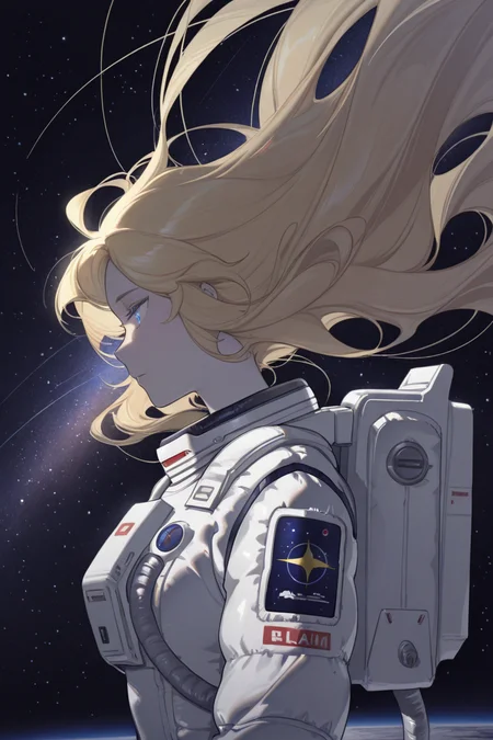 masterpiece, best quality, amazing quality,
 <lora:LLAM_IL:1> llam, long hair, solo, blonde hair, floating hair, 1girl, star (sky), blue eyes, spacesuit, upper body, space, from side, profile, starry sky, astronaut, very long hair, sky