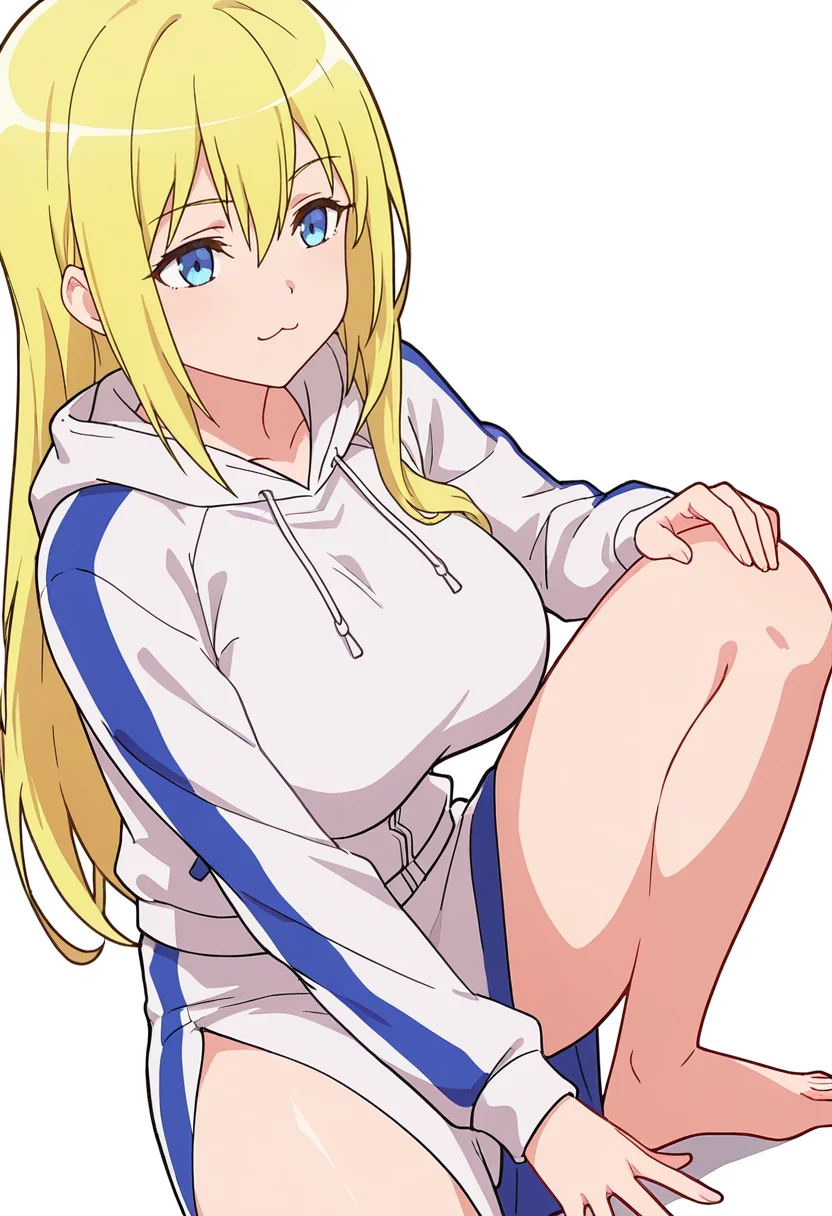 Smooth Quality,masterpiece,very intricate, high quality details, ultra realistic, high detailed skin,detailed enviorement,absurdres,
\||/,solo,
<lora:Enome_CNR:0.8> enome_cnr, blonde hair, blue eyes, long hair, large breasts, hair between eyes,, simple background, white background, dutch angle,
crouching, one hand on ground, other on knee, intense gaze, balanced stance, ,, :3,, jacket, ,hoodie, ,side slit skirt, ,