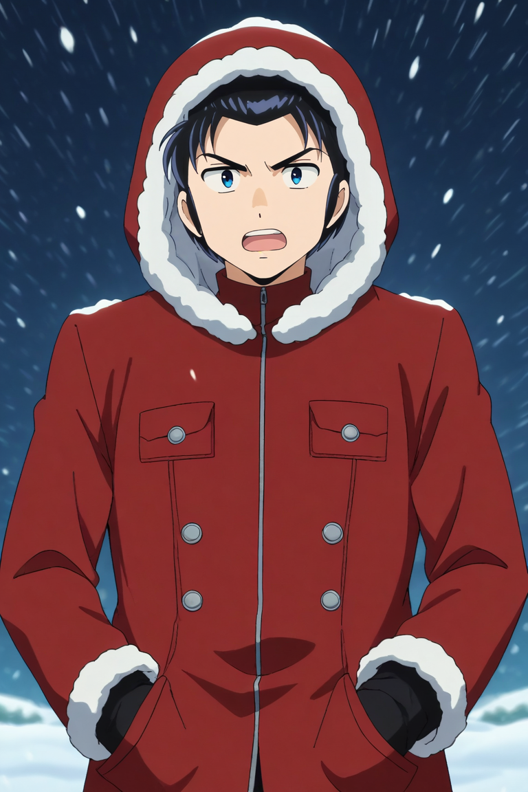 score_9, score_8_up, score_7_up,score_6_up,score_5_up,score_4_up,source_anime,BREAK, rating_safe, intricate details, , anime screencap, anime coloring, official style, depth of field,1boy, solo, male focus, <lora:mendo:0.96>,mendo shutaro,black hair,blue eyes,short hair,bangs,open mouth, long sleeves, gloves,red jacket,teeth, black gloves, red hood,coat, fur trim,parody,hood up,snow, pocket, fur-trimmed hood,snowing,from below, , , <lora:sdxl_lightning_8step_lora_315544:1>