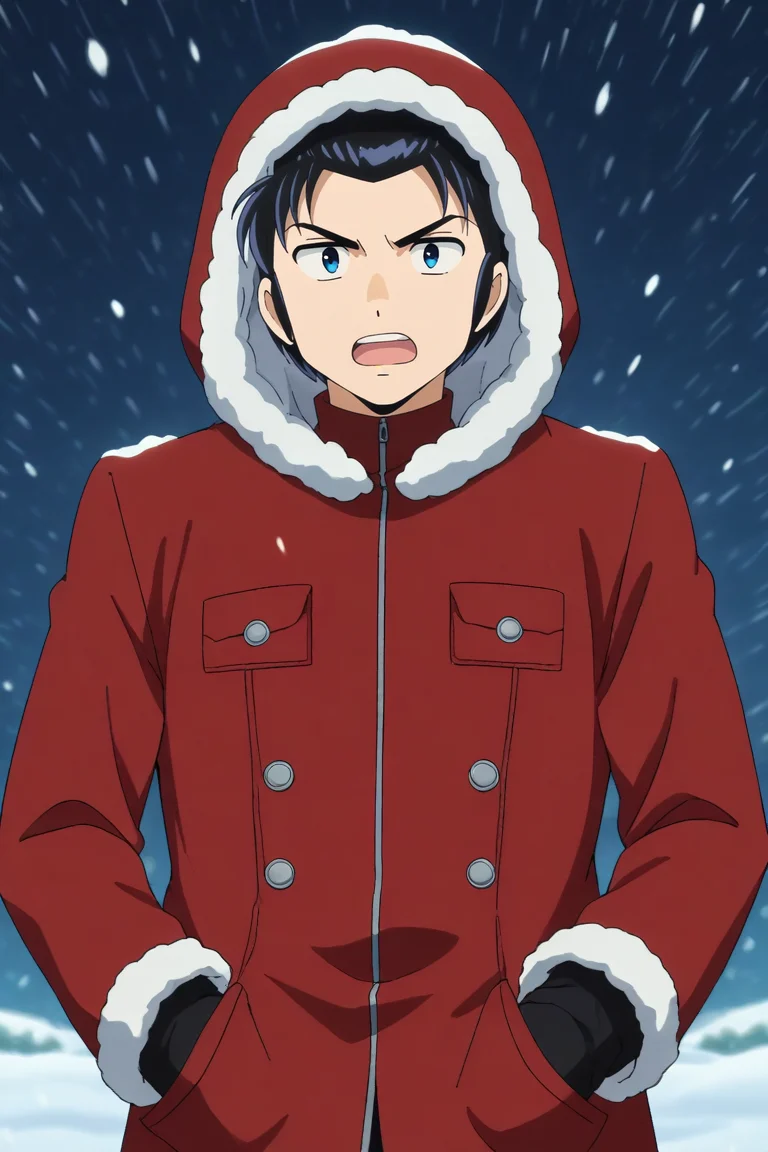 score_9, score_8_up, score_7_up,score_6_up,score_5_up,score_4_up,source_anime,BREAK, rating_safe, intricate details, , anime screencap, anime coloring, official style, depth of field,1boy, solo, male focus, <lora:mendo:0.96>,mendo shutaro,black hair,blue eyes,short hair,bangs,open mouth, long sleeves, gloves,red jacket,teeth, black gloves, red hood,coat, fur trim,parody,hood up,snow, pocket, fur-trimmed hood,snowing,from below, , , <lora:sdxl_lightning_8step_lora_315544:1>
