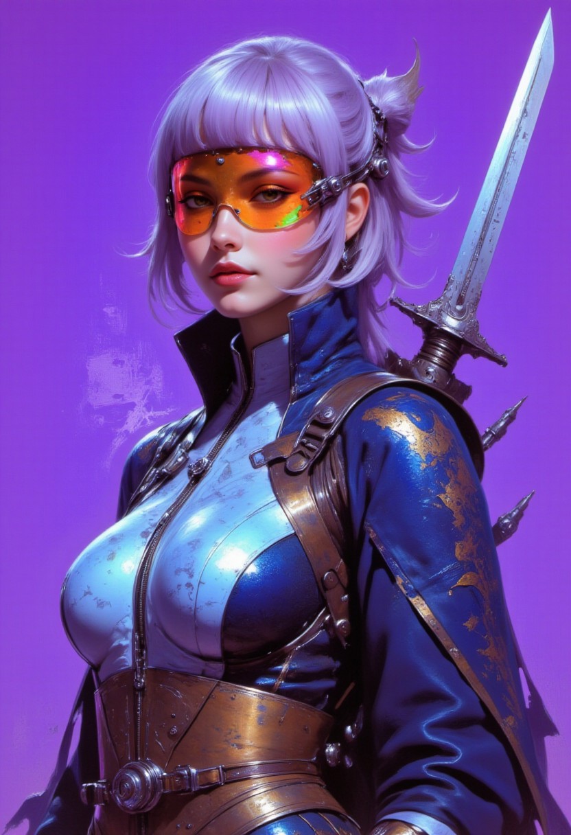(Art by Frank Frazetta, niji, gothic, erotic, anime) A highly detailed, hyper-realistic, stylized digital illustration of a futuristic cyberpunk warrior exuding fierce elegance. She is a South Asian woman with a sleek asymmetrical bob dyed deep lavender with silver underlights, sharply framing her sculpted cheekbones. Her intense amber eyes are partly hidden by a 95mm-wide retro 80s cyclops visor—an iridescent wraparound arc shifting in neon green, copper orange, and violet, creating a holographic distortion. She wears a reimagined Japanese kimono in indigo, bronze, and ice blue with a dynamic serpentine motif, rendered in hyper-detailed textures. A muted bronze sash defines her waist, merging tradition with sleek futurism. Her right arm is a gleaming onyx cybernetic limb, its polished surface catching fractured neon reflections. She grips a half-unsheathed katana, its etched blade glowing under ambient light, the cobalt and white sheath echoing her attire. The deep violet background, etched with faint circuitry, amplifies her presence. Colored pencil techniques enhance every texture—from the cybernetic arm to the flowing fabric—blending cyberpunk style with cultural richness in a vivid, immersive composition.