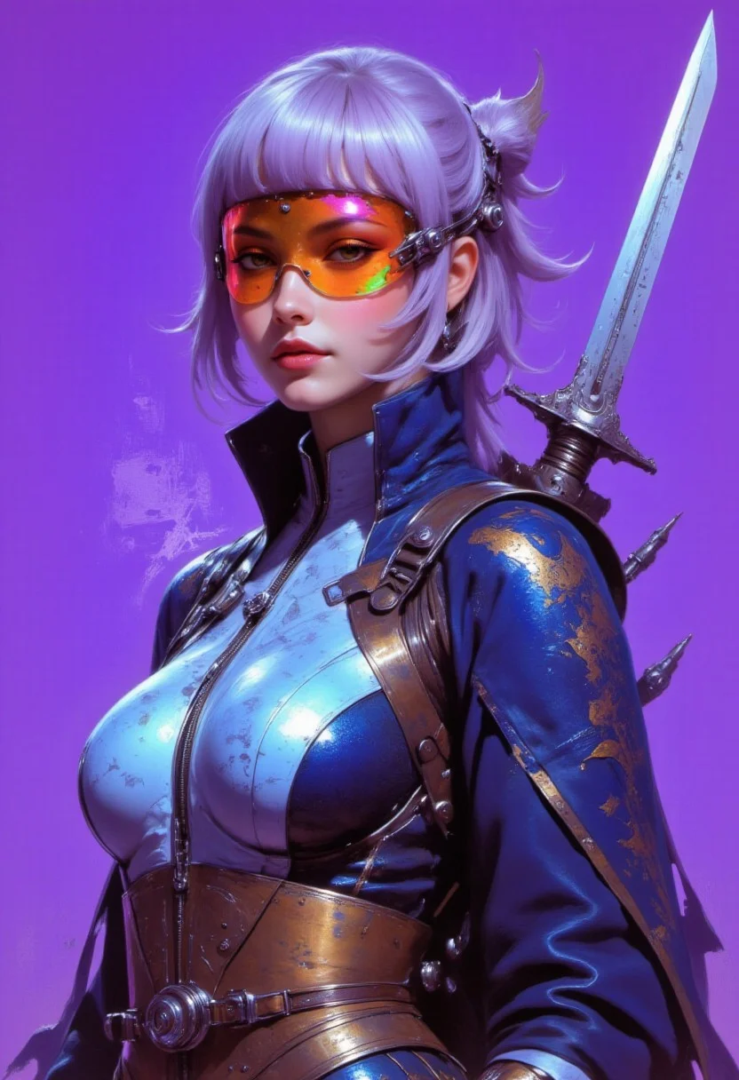 (Art by Frank Frazetta, niji, gothic, erotic, anime) A highly detailed, hyper-realistic, stylized digital illustration of a futuristic cyberpunk warrior exuding fierce elegance. She is a South Asian woman with a sleek asymmetrical bob dyed deep lavender with silver underlights, sharply framing her sculpted cheekbones. Her intense amber eyes are partly hidden by a 95mm-wide retro 80s cyclops visor—an iridescent wraparound arc shifting in neon green, copper orange, and violet, creating a holographic distortion. She wears a reimagined Japanese kimono in indigo, bronze, and ice blue with a dynamic serpentine motif, rendered in hyper-detailed textures. A muted bronze sash defines her waist, merging tradition with sleek futurism. Her right arm is a gleaming onyx cybernetic limb, its polished surface catching fractured neon reflections. She grips a half-unsheathed katana, its etched blade glowing under ambient light, the cobalt and white sheath echoing her attire. The deep violet background, etched with faint circuitry, amplifies her presence. Colored pencil techniques enhance every texture—from the cybernetic arm to the flowing fabric—blending cyberpunk style with cultural richness in a vivid, immersive composition.