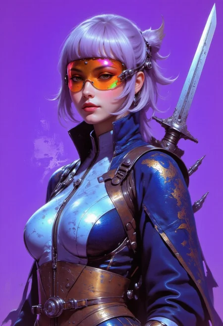 (Art by Frank Frazetta, niji, gothic, erotic, anime) A highly detailed, hyper-realistic, stylized digital illustration of a futuristic cyberpunk warrior exuding fierce elegance. She is a South Asian woman with a sleek asymmetrical bob dyed deep lavender with silver underlights, sharply framing her sculpted cheekbones. Her intense amber eyes are partly hidden by a 95mm-wide retro 80s cyclops visor—an iridescent wraparound arc shifting in neon green, copper orange, and violet, creating a holographic distortion. She wears a reimagined Japanese kimono in indigo, bronze, and ice blue with a dynamic serpentine motif, rendered in hyper-detailed textures. A muted bronze sash defines her waist, merging tradition with sleek futurism. Her right arm is a gleaming onyx cybernetic limb, its polished surface catching fractured neon reflections. She grips a half-unsheathed katana, its etched blade glowing under ambient light, the cobalt and white sheath echoing her attire. The deep violet background, etched with faint circuitry, amplifies her presence. Colored pencil techniques enhance every texture—from the cybernetic arm to the flowing fabric—blending cyberpunk style with cultural richness in a vivid, immersive composition.