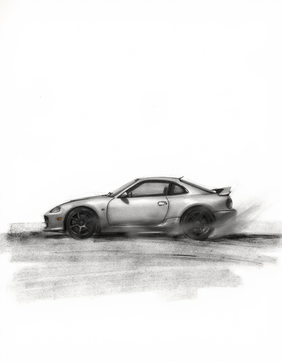 Abstract minimalist Charcoal drawn Sportscar concept art. Large strokes, less detail. Very minimal. Liminal. Abstract.<lora:Charcoal.safetensors:1.0:1.0>