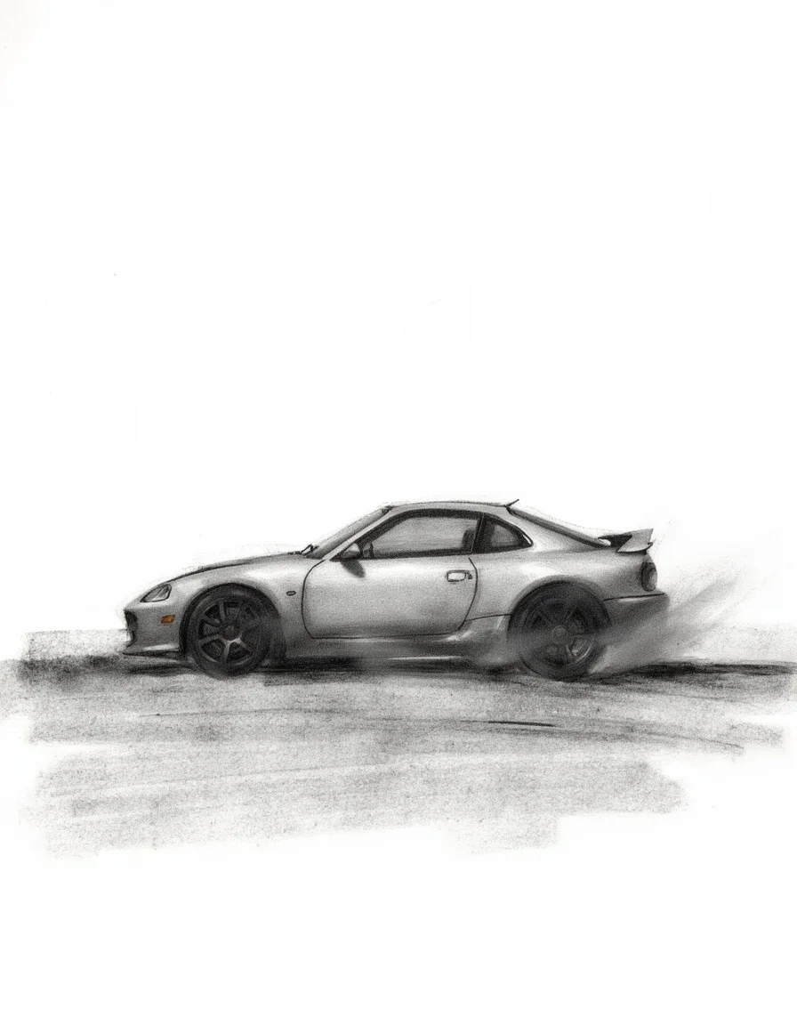 Abstract minimalist Charcoal drawn Sportscar concept art. Large strokes, less detail. Very minimal. Liminal. Abstract.<lora:Charcoal.safetensors:1.0:1.0>