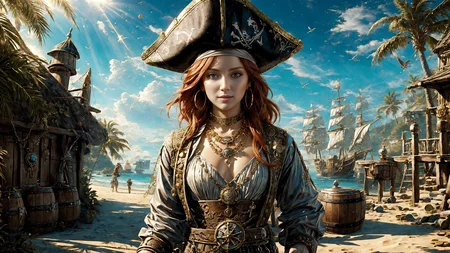 (young redhead pirate woman), ((oil paint) portrait), (parrot:1.2), sharp focus, (ultradetailed), (standing), (happy) smile, pirate (ship galleon:1.2, hoop earrings, gold medallion, Steel Gray pirate clothes, pirate hat, hips, pirate (village), leafy beach coast, (treasure chest with coins, gems and jewels:1.2), (rum barrel), best quality masterpiece, bright sunny sky, backlight, natural lights, high contrast, hdr, shadows, pretty, beautiful, feminine, sexy, adorable, lovely, in love, (PirateDiffusionprt:0.5), <lora:Pirate:0.3> PrateT <lora:PirateRealms:0.3> <lora:Detail Tweaker LoRA add_detail:0.8> <lora:depth_of_field_slider_v1:5> <lora:SDXLrender_v2.0:0.9>