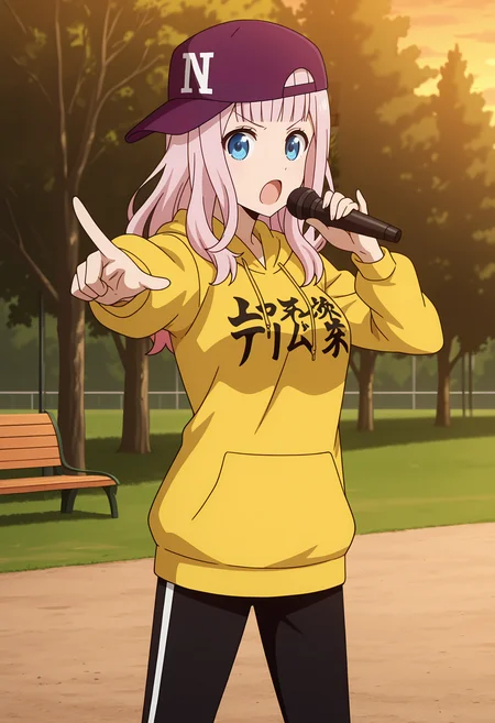 anime screencap, masterpiece, best quality,
<lora:Kaguya-samaWaKokurasetai_FujiwaraChika_IlluXL:0.9>,
1girl, solo, serious, v-shaped eyebrows, singing, 
blunt bangs, long hair, pink hair, blue eyes,
baseball cap, sideways hat, purple headwear, yellow hoodie, hood down, clothes writing, track pants, black pants,
holding microphone, \n/, outstretched arm,
standing, legs apart, looking at viewer, cowboy shot,
outdoors, grass, tree, park, bench, sunset, photo background, blurry background