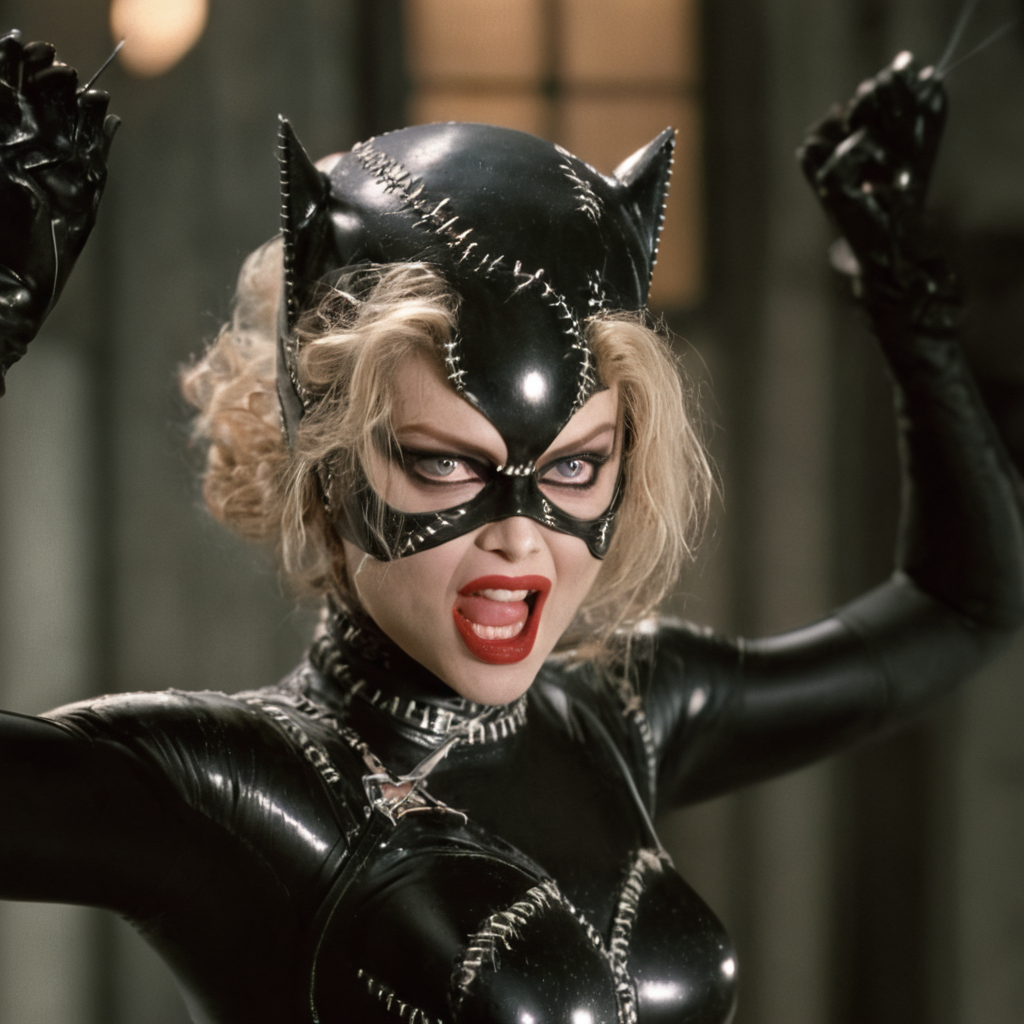 cinematic film still of  <lora:Catwoman 1992:1>
Catwoman a messy hair blonde angry woman in a catwoman costume is being held up by a man tim burton style,1girl,looking at viewer,blonde hair,gloves,teeth,solo focus,collar,lips,bodysuit,makeup,mask,clenched teeth,angry,realistic,domino mask, claws, 1990s, shallow depth of field, vignette, highly detailed, high budget, bokeh, cinemascope, moody, epic, gorgeous, film grain, grainy