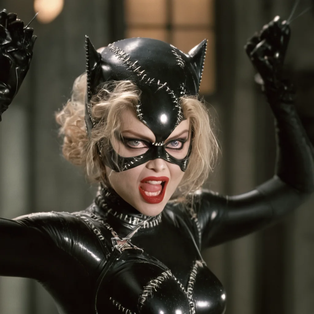 cinematic film still of <lora:Catwoman 1992:1>
Catwoman a messy hair blonde angry woman in a catwoman costume is being held up by a man tim burton style,1girl,looking at viewer,blonde hair,gloves,teeth,solo focus,collar,lips,bodysuit,makeup,mask,clenched teeth,angry,realistic,domino mask, claws, 1990s, shallow depth of field, vignette, highly detailed, high budget, bokeh, cinemascope, moody, epic, gorgeous, film grain, grainy