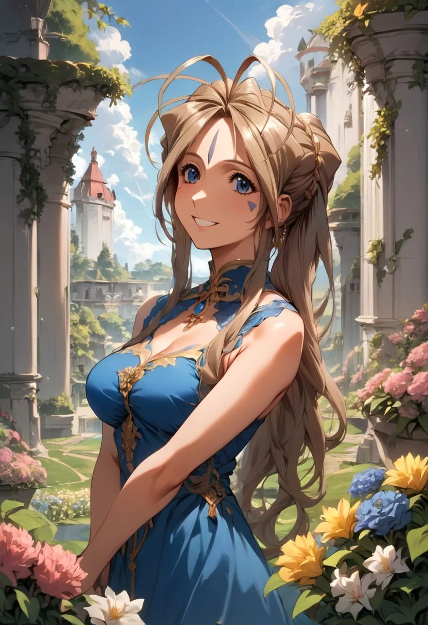 score_9, score_8_up, score_7_up, source_anime, Belldandy, smile, blue dress, jewelry, cowboy shot, garden, outdoors, mansion, flowers, sky, (high resolution), ((masterpiece)), (highest quality), 4k wallpaper, detailed face, detailed eyes, beautiful eyes, delicate features