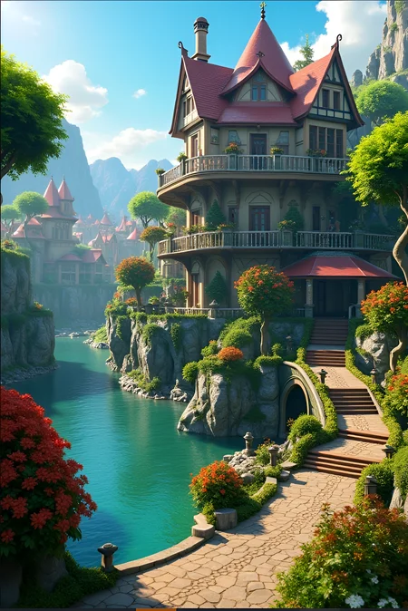 3D Render Style, 4k, realistic, very detailed, wide angle lens, moist medieval town, vibrant, fantastical plants, a big house, Makoto Shinkai style, anime background, concept art, (no characters appearing), realistic lighting, epic composition, diffuse, (masterpiece, best quality), super hd, 32k --v 6