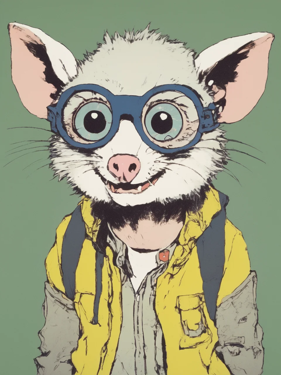 anthropomorphic possum punk rock kid in the 80s (fish eye lens) <lora:Opossum-possum-000002:1> possum, (flat_color, anime, Masaaki Yuasa) <lora:flat_color:1>