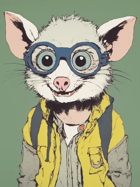 anthropomorphic possum punk rock kid in the 80s (fish eye lens) <lora:Opossum-possum-000002:1> possum, (flat_color, anime, Masaaki Yuasa) <lora:flat_color:1>