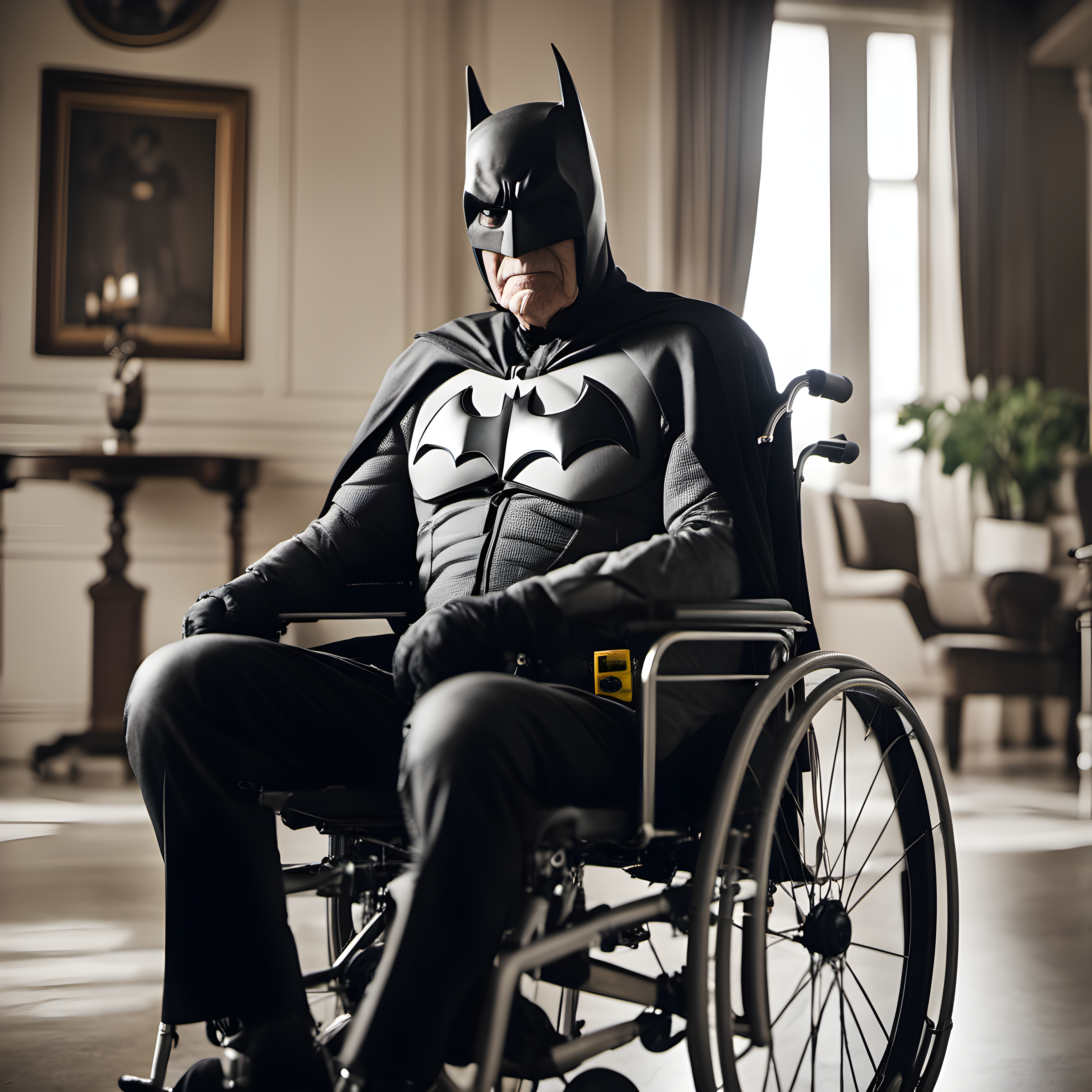 professional photo of old retired batman on wheelchair, indoor, rich interior in the background, film grain
