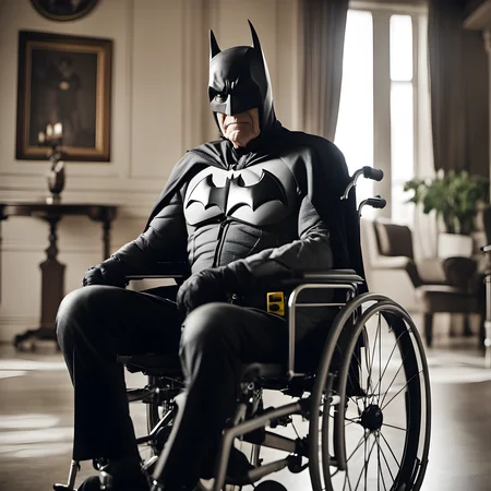 professional photo of old retired batman on wheelchair, indoor, rich interior in the background, film grain
