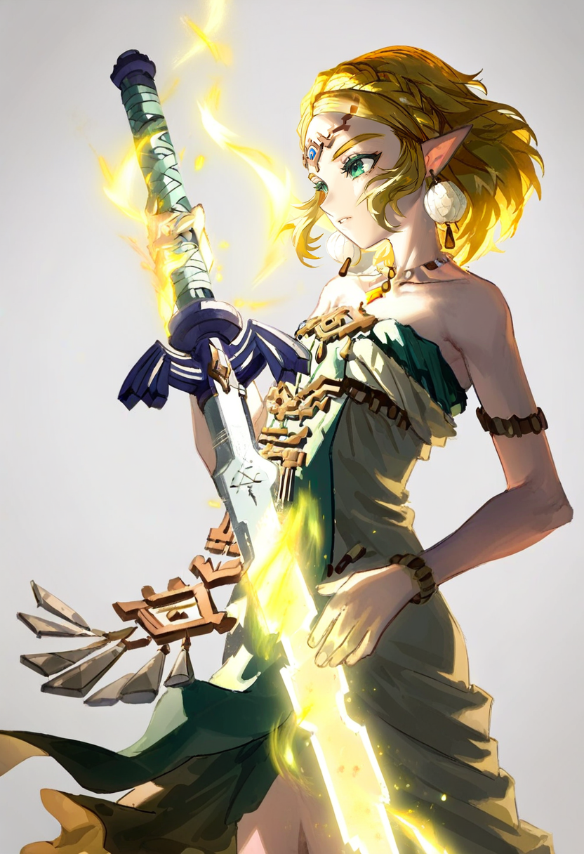 1girl, princess zelda, weapon, solo, sword, blonde hair, pointy ears, dress, jewelry, short hair, holding sword, holding weapon, triforce, braid, holding, green eyes, earrings, master sword, green dress, bare shoulders, glowing weapon, strapless, circlet, crown braid, white background, bracelet, armlet, alternate costume, strapless dress, simple background <lora:quasarcakeXL_NBVP1_lokr_V6311P:0.95>