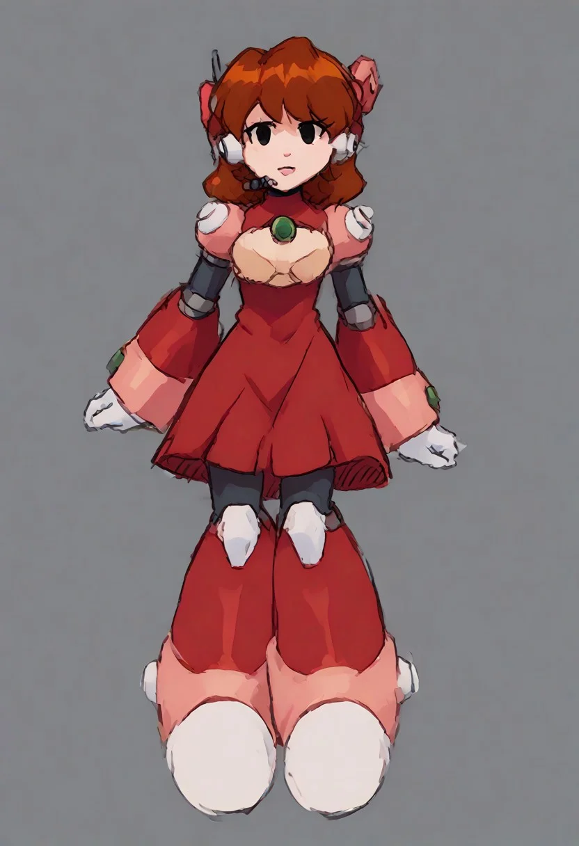 megamanreploid, android, gloves, armor, bodysuit, robot ears, headset, white gloves, Alia's bodysuit, red dress, mecha dress, armored dress, GF FNF, HD Quality, 1080 FHD quality