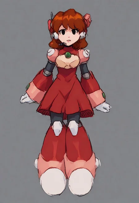 megamanreploid, android, gloves, armor, bodysuit, robot ears, headset, white gloves, Alia's bodysuit, red dress, mecha dress, armored dress, GF FNF, HD Quality, 1080 FHD quality