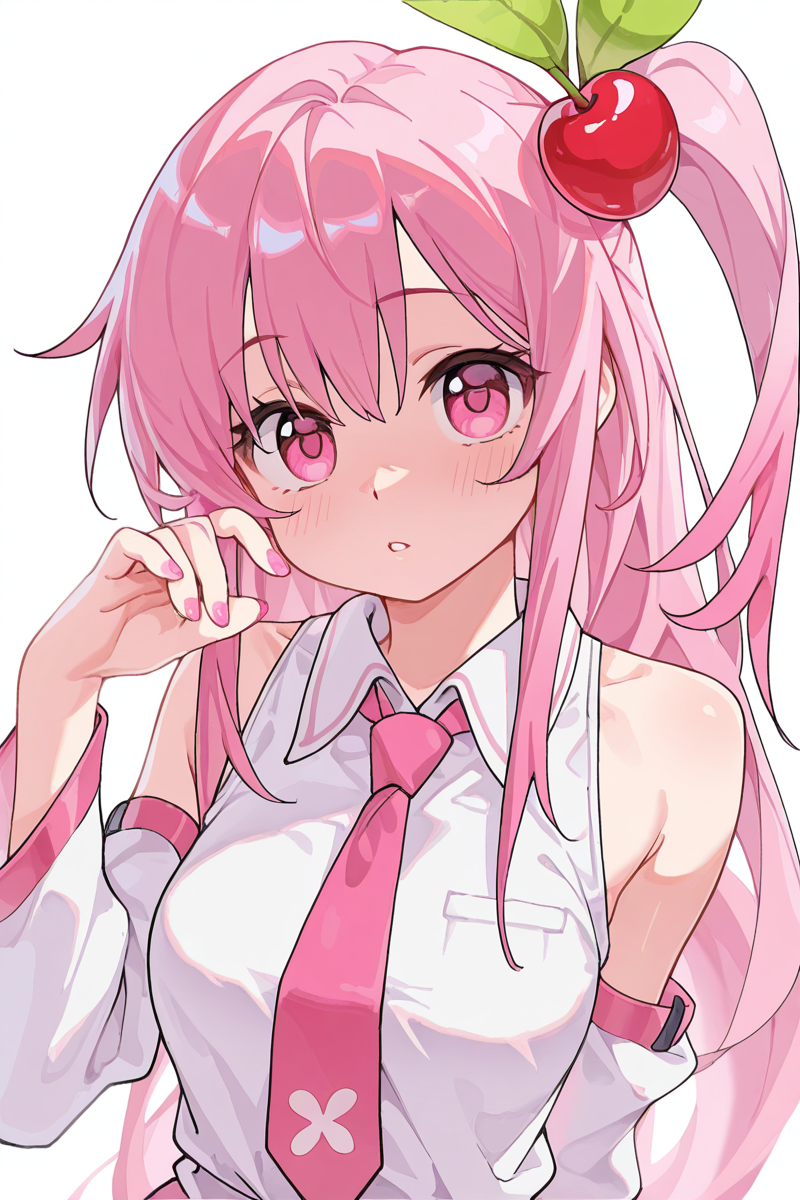 masterpiece, best quality, amazing quality,
 <lora:Lango_IL:1> lango, 1girl, solo, pink necktie, pink hair, cherry hair ornament, necktie, hair ornament, long hair, shirt, pink eyes, food-themed hair ornament, detached sleeves, pink nails, looking at viewer, white shirt, white background, sleeveless