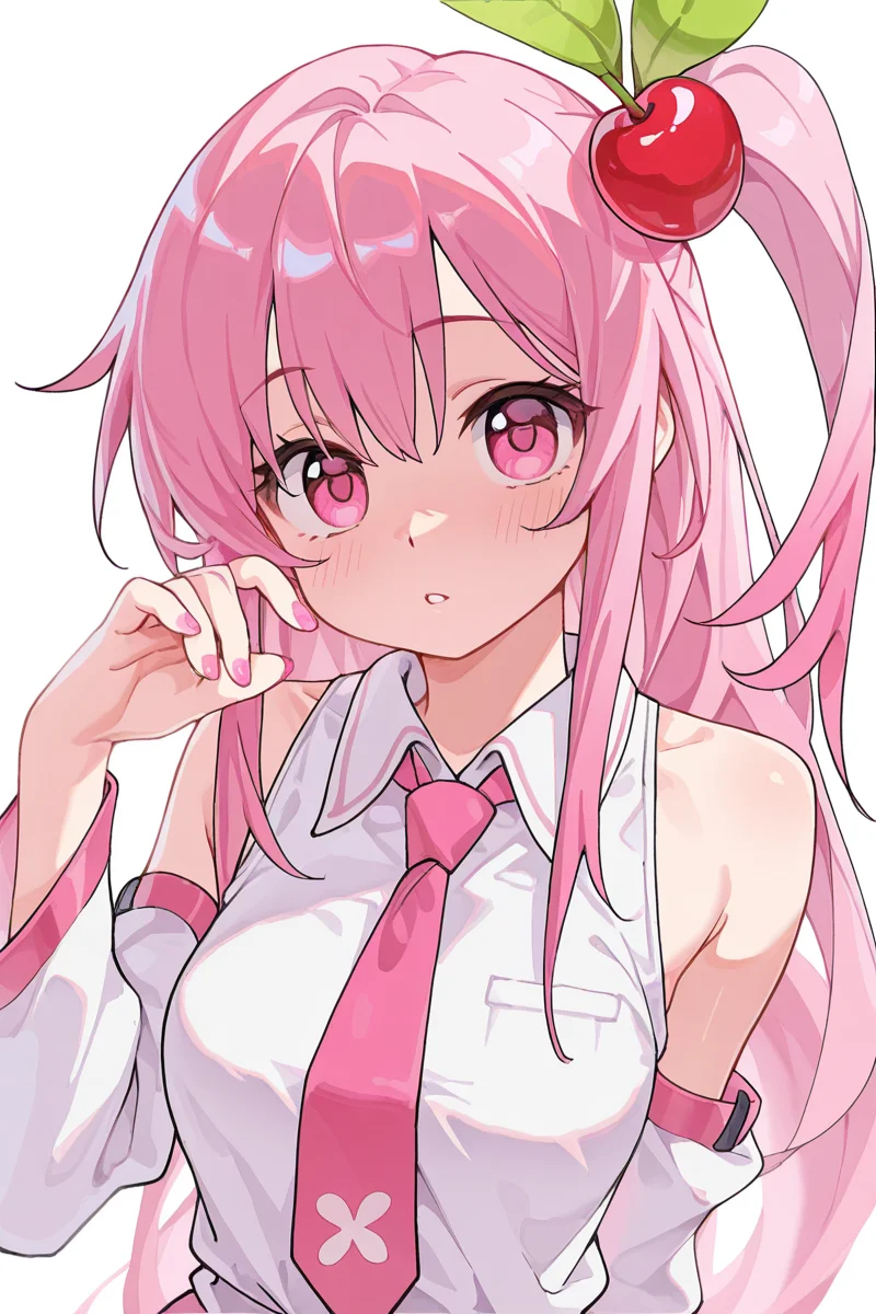 masterpiece, best quality, amazing quality,
<lora:Lango_IL:1> lango, 1girl, solo, pink necktie, pink hair, cherry hair ornament, necktie, hair ornament, long hair, shirt, pink eyes, food-themed hair ornament, detached sleeves, pink nails, looking at viewer, white shirt, white background, sleeveless
