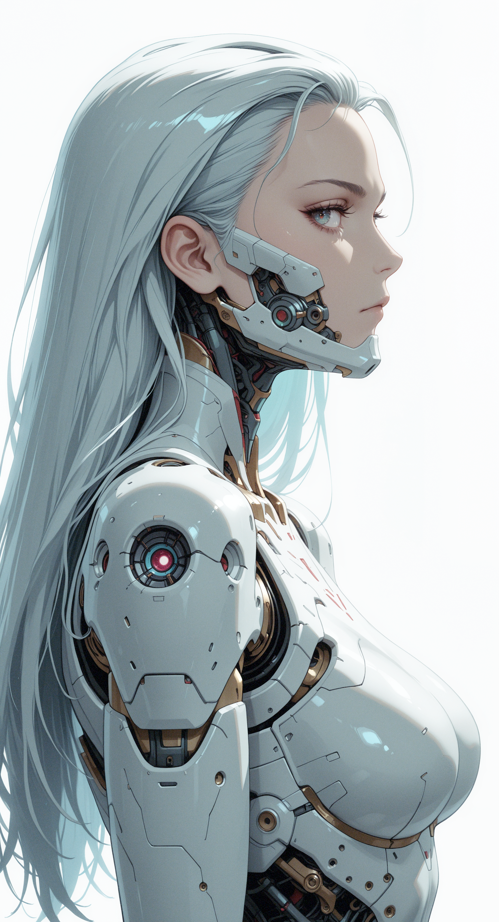 masterpiece, best quality, good quality, very awa, very aesthetic, absurdres, newest, 1girl, solo, long hair, closed mouth, medium breasts, armor, eyelashes, profile, mask, forehead, science fiction, mouth mask, sideways glance, android, hair slicked back, cyborg, robot joints, mechanical parts, cyberpunk,
looking at viewer, upper body,from side, simple background, white background,
, ghibli1 <lora:noobai_ep11_stabilizer_v0.138_fp16:0.35> <lora:ponyv6Noobe112Adamw.9Eti:0.7> <lora:caradhras_style__IllustriousXL-000011:0.7>