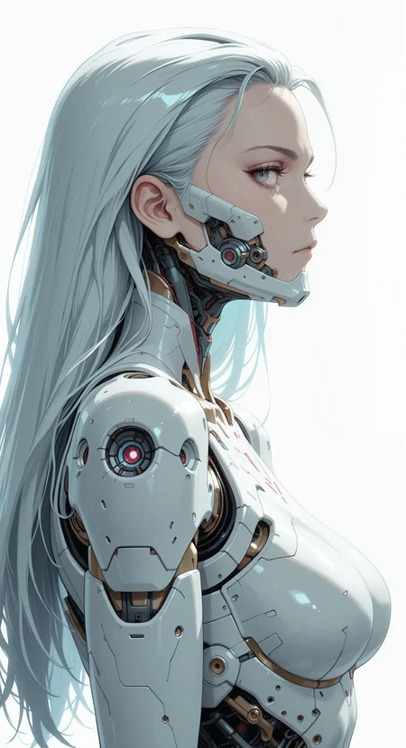 masterpiece, best quality, good quality, very awa, very aesthetic, absurdres, newest, 1girl, solo, long hair, closed mouth, medium breasts, armor, eyelashes, profile, mask, forehead, science fiction, mouth mask, sideways glance, android, hair slicked back, cyborg, robot joints, mechanical parts, cyberpunk,
looking at viewer, upper body,from side, simple background, white background,
, ghibli1 <lora:noobai_ep11_stabilizer_v0.138_fp16:0.35> <lora:ponyv6Noobe112Adamw.9Eti:0.7> <lora:caradhras_style__IllustriousXL-000011:0.7>