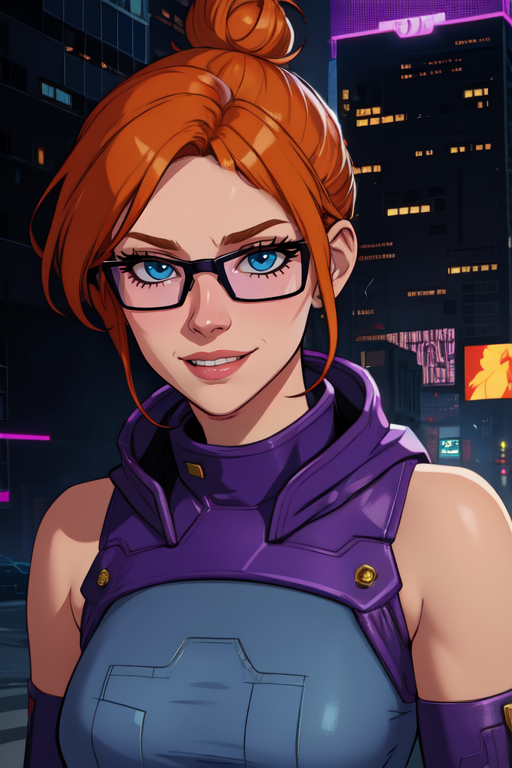 Kinzie, orange hair,  blue eyes,  hair bun, 
purple shirt, elbow gloves,  denim jeans,  purple framed glasses, 
solo, standing, upper body,  smile, 
cyberpunk, city, 
(insanely detailed, beautiful detailed face, masterpiece, best quality) cinematic lighting,
 <lora:Safeword-10:0.7>