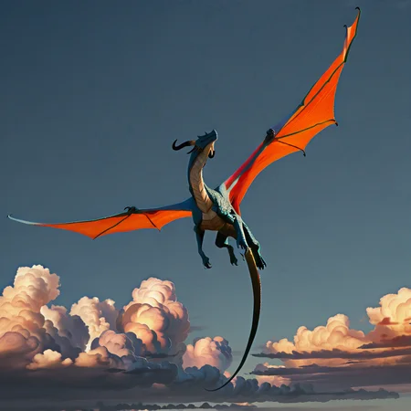 sfw, masterpiece, best quality,absurderes,source_photo,cinematic,realistic,photo,animal focus,no humans,dragon,wings,horns,flying,sky,clouds, <lora:Reallustrious_Beta:0.8>