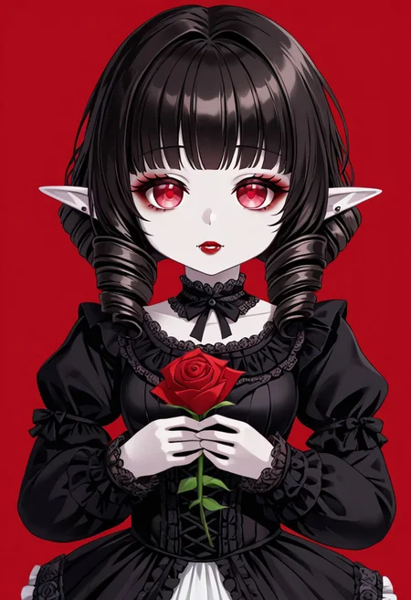 (((black short hair)))
(((Bangs)))
(((Black drill hair)))
((Pale skin))
((Red eyes))
((Pointy ears))
((Detailed pupils))
((Soft makeup))
((Fangs))
((Red lips))
((Medium breasts))
((Looking at viewer))
((Expressionless))
((Black victorian dress with ribbon))
((Choker))
((Earings))
((Jewelry))
((Holding a red rose))
((Red background))