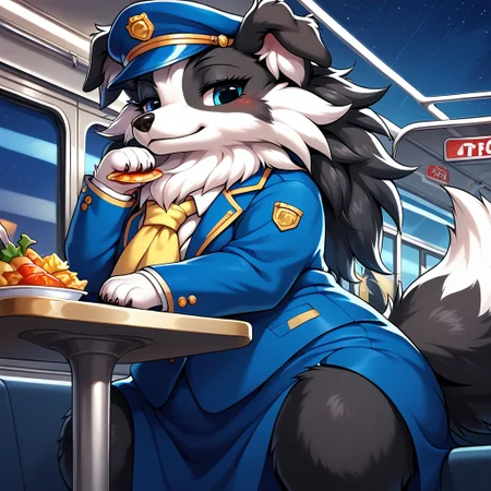 anthro, solo, feral, female, canid, border collie, clothes, wearing train attendant suit costume, yellow scarf, sit at the table for a meal, low angle view, fluffy fur, blue hat, black fur, white fur, big blue eyes, narrowed eyes, dog drooping ears, at train dining car, at night, score_9_up, score_8_up, score_7_up, source_anime