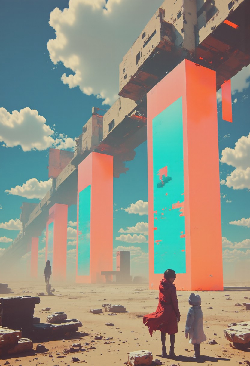 Faded neon colors of the 80s, washed-out pastel tones in spectral DARK neon vibrant hues, high contrast combined with dystopian neon Pop Art glitches. Retro scan of an 80s anime sci-fi book, lofi, grainy, vintage, melancholic yet futuristic.
A digital painting, Towering, weathered solar sails rise like colossal skyscrapers into the washed-out sky. Some sails remain taut, shimmering in faded neon hues of orange as they desperately capture the last energy of the pale sun. Others hang torn and broken, their jagged edges flapping in a slow, ghostly wind. Below, the barren desert stretches endlessly in cracked beige and muted gray, its fractured surface echoing the desolation of the world.
Among the sails lie abandoned structures: a translucent, gray plastic villa, eroded by sand, and a faintly glowing observation tower emitting neon light through the DARK Monochrome world. The horizon blurs into a swirling haze of dust, with the dim, dystopian sun casting long, harsh shadows across the wasteland. The composition is cinematic, with volumetric lighting, soft shadows, and a subtle film grain that adds to the vintage, otherworldly atmosphere. This hyper-detailed, hyper-realistic scene captures a melancholic beauty, blending faded neon-mist 80s neon nostalgia with the stark decay of a dystopian future.