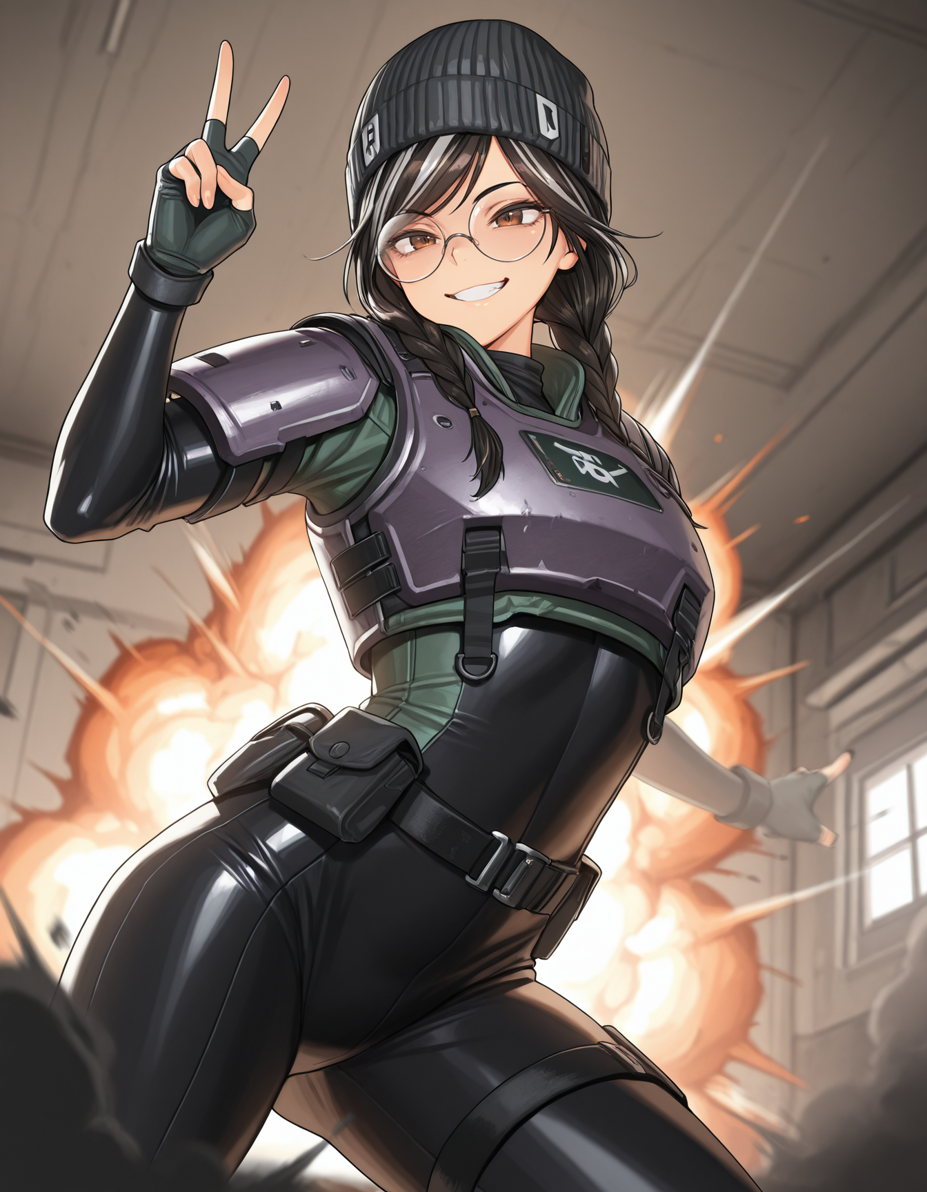 <lora:siege-illustrious-000010:1> solo, dokkaebi, brown eyes, round eyewear, beanie, fingerless gloves, body armor, bodysuit, (green shirt:0.5), black belt, (black pants:0.6) ,
grin, v, smoke, indoors, explosion, motion blur, depth of field, dramatic, masterpiece,best quality,amazing quality