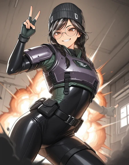 <lora:siege-illustrious-000010:1> solo, dokkaebi, brown eyes, round eyewear, beanie, fingerless gloves, body armor, bodysuit, (green shirt:0.5), black belt, (black pants:0.6) ,
grin, v, smoke, indoors, explosion, motion blur, depth of field, dramatic, masterpiece,best quality,amazing quality