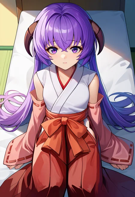 score_9, score_8_up, score_7_up, source_anime, Hanyuu, 1girl, solo, purple eyes, horns, long hair, purple hair, looking at viewer,japanese clothes, miko, detached sleeves, hakama, hakama skirt, skirt, red hakama, ribbon-trimmed sleeves, sitting on the bed , drone pov, dutch angle, from above, looking at viewer, <lora:Hanyuupony-000003:1>
