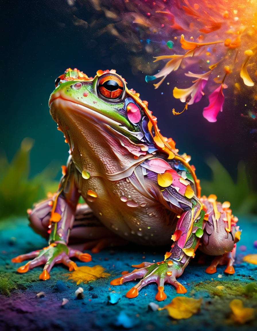macro photo, a beautiful frog, glowing lights, beautiful magical sparkles, moon dust particulates, vibrant whimsical colors <lora:ral-drptpl:1> ral-drptpl