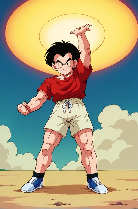 score_9,score_8_up,score_7_up,score_6_up, BREAK retro artstyle, kuririn,medium hair,full body, energy disc, kienzan stance,arm up, legs apart, red t-shirt, no nose, no sclera,short sleeves,blue sky,cloud,black hair, facing viewer, black eyes <lora:KrillinPony:1>