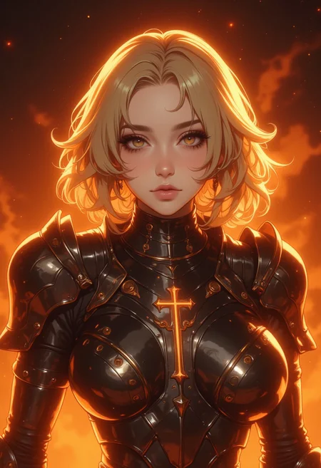 (masterpiece:1.1), (highest quality:1.1), (HDR:1.0), (1girl), blonde hair, (armor, metal, powerful, abstract:1.2), (orange theme:1.5), detailed eyes, ready eyes, looking at viewer, detailed and expressive eyes