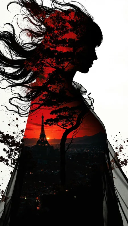 mysterious silhouette ninja woman,rural japan,goddess,alluring,by Minjae Lee,Carne Griffiths,Emily Kell,Steve McCurry,Geoffroy Thoorens,Aaron Horkey,Jordan Grimmer,Greg Rutkowski,amazing depth,double exposure,surreal,geometric patterns,intricately detailed,bokeh,perfect balanced,deep fine borders,artistic photorealism,smooth,great masterwork by head of prompt engineering