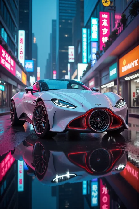 YFG-C@la Calatrava, YFG-BGY Insectoid, hyper-realistic, photo-realistic, 8k, 4k, science fiction, perfect reflections, cinematic, a highly detailed, high-resolution photo of a futuristic white sports car, reminiscent of a classic aston martin, on the rain-soaked street of a vibrant, neon-lit cityscape. its most prominent feature is a jet turbine intake instead of a grille, it features a polished exterior with red glowing accents around the turbine intake and rims. the headlights are aerodynamic and detailed, with a modern, futuristic look. the car's body is smooth and glossy, reflecting the surrounding city lights and creating a mirror-like effect on the wet pavement, suggesting a recent rain. the camera angle is low, emphasizing the sleek, aerodynamic design of the vehicle. the background is a bustling urban street lined with tall buildings and colorful neon signs in various languages, predominantly red, blue, and pink, contributing to the vibrant, lively atmosphere. the signs illuminate the scene with a mix of cool and warm tones, creating a dynamic interplay of light and shadow. the wet pavement and reflections add a realistic texture, enhancing the immersive feel of the scene. the reflections of the neon lights and the car on the ground create a symmetrical composition that draws the viewer's eye towards the car, making it the focal point of the image. overall, the image combines elements of modern urban life with a hint of science fiction, creating a visually captivating and detailed artwork, sleek and streamlined design, neon lights,