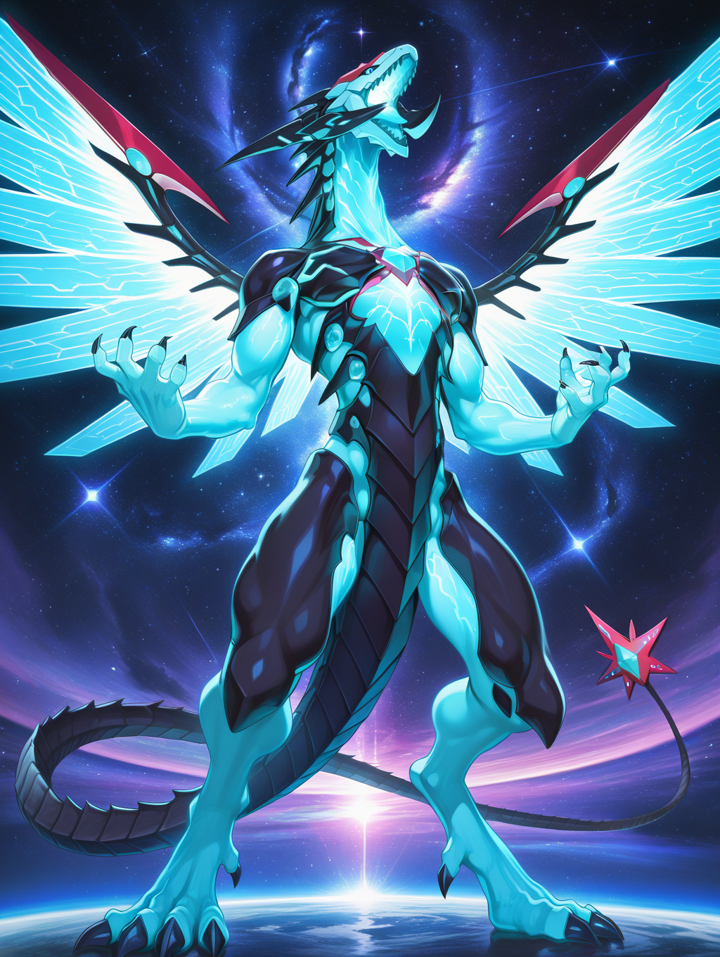 galaxy-eyes photon dragon, no humans, solo, open mouth, full body, sharp teeth, space, standing, glowing, tongue, spikes, star, (sky), 1other, blue dragon
masterpiece,best quality,amazing quality,very aesthetic,absurdres,newest,<lora:Galaxy-Eyes Prime Photon Dragon illuXL v2.3:0.75>,