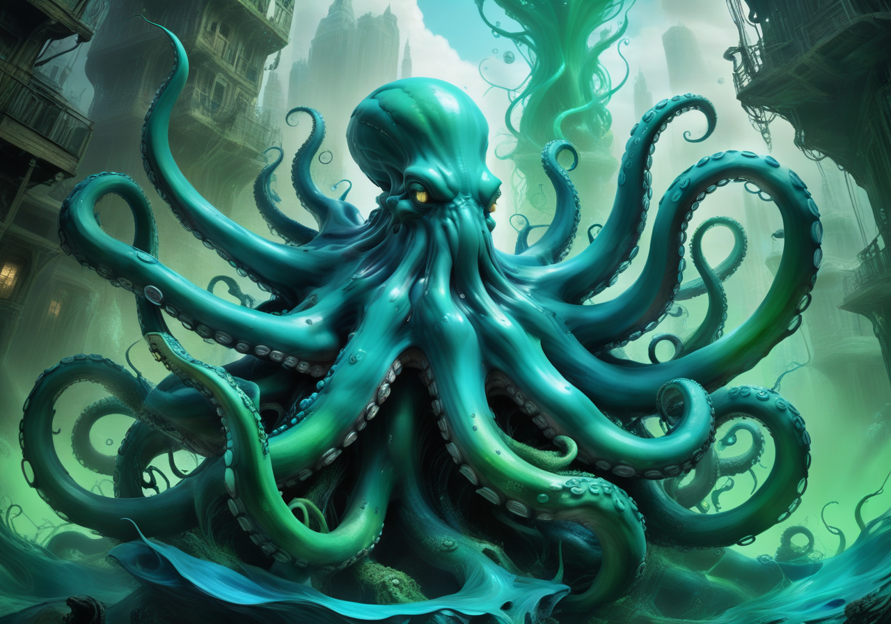 a giant octopus,<lora:paintmgc:1.1>,paintmgc,cinematic,green and blue paint
