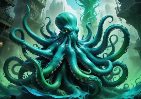 a giant octopus,<lora:paintmgc:1.1>,paintmgc,cinematic,green and blue paint