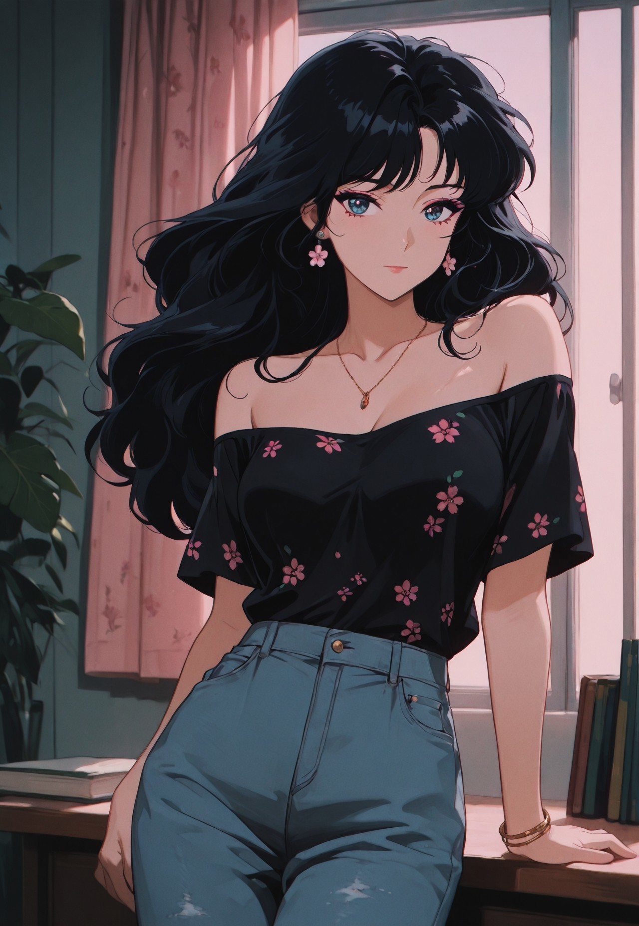 asthtc2, 1girl, black_hair, solo, blue_eyes, jewelry, long_hair, earrings, pants, necklace, shirt, window, bracelet, off_shoulder, standing, indoors, bare_shoulders, off-shoulder_shirt, black_shirt, plant, looking_at_viewer, floral_print, curtains, denim, flower_earrings, bangs, desk, short_sleeves, print_shirt, jeans, shirt_tucked_in, collarbone, closed_mouth, makeup, breasts, arm_support, wavy_hair, blue_pants, leaf, book, chromatic_aberration, film_grain, masterpiece, best qualiy, very aesthetic, newest, asthtc2