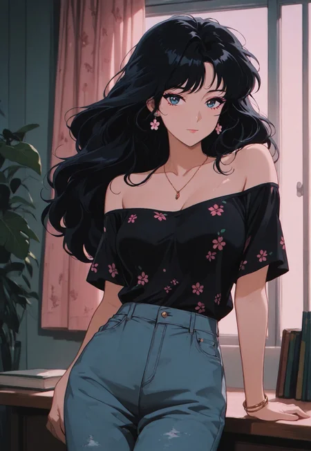 asthtc2, 1girl, black_hair, solo, blue_eyes, jewelry, long_hair, earrings, pants, necklace, shirt, window, bracelet, off_shoulder, standing, indoors, bare_shoulders, off-shoulder_shirt, black_shirt, plant, looking_at_viewer, floral_print, curtains, denim, flower_earrings, bangs, desk, short_sleeves, print_shirt, jeans, shirt_tucked_in, collarbone, closed_mouth, makeup, breasts, arm_support, wavy_hair, blue_pants, leaf, book, chromatic_aberration, film_grain, masterpiece, best qualiy, very aesthetic, newest, asthtc2