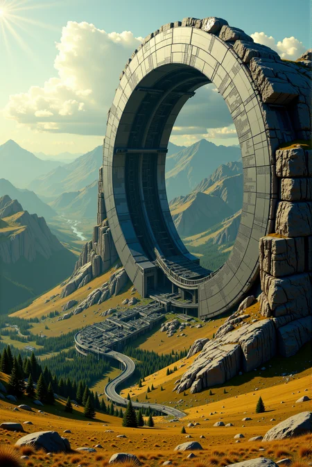 <lora:Legacy_of_the_forerunners_v.2:0.75>
Set within a sweeping alpine landscape, a colossal circular structure carved into the mountainside rises like a monumental ring embedded in nature, resembling the inner mechanics of a futuristic clock. The massive circular shell forms a self-contained arcology, its inner surface populated with terraced, high-density dwellings and urban infrastructure that curve inward along the ring's inner arc, suggesting artificial gravity or rotation-based habitation. Sunlight from the open sky streams through the ring's vast aperture, casting long shadows across the engineered cityscape within, while the structureâs sheer contrast with the surrounding wilderness creates a striking juxtaposition of technological mastery and untouched terrain. Extending from the base of the arcology, an elevated viaduct spans the valley floor, connecting the circular habitat to distant regions, its streamlined support pillars casting rhythmic shadows on the golden fields below. Rolling hills and dense pine forests stretch outward beneath a sky layered with drifting clouds, while a meandering river reflects light through the valley like a ribbon of silver. The perspectiveâa wide-angle cinematic view from mid-elevationâamplifies the surreal harmony between the engineered megastructure and the natural topography, evoking a world where monumental human ingenuity coexists within expansive, unspoiled wilderness.