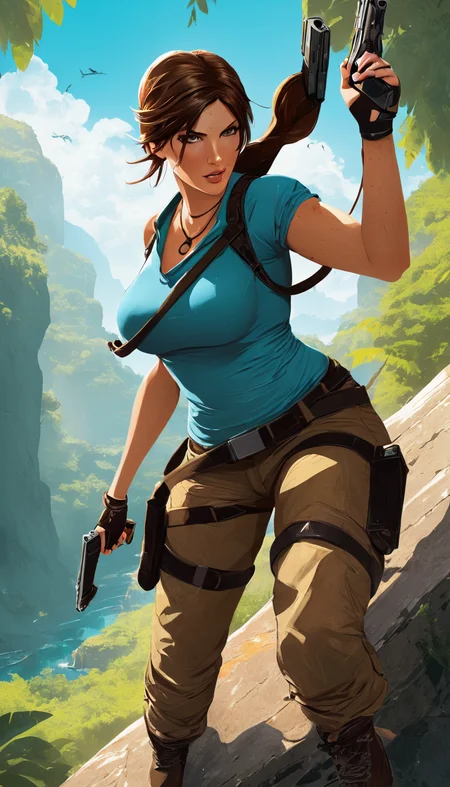 Cinematic scene, hero view, Lara Croft <lora:lara_croft_xl_v2:1>, action pose, detailed background, masterpiece, best quality, high quality, highres, absurdres, Vector art, Vivid colors, Clean lines, Sharp edges, Minimalist, Precise geometry, Simplistic, Smooth curves, Bold outlines, Crisp shapes, Flat colors, Illustration art piece, High contrast shadows, Technical illustration, Graphic design, Vector graphics, High contrast, Precision artwork, Linear compositions, Scalable artwork, Digital art