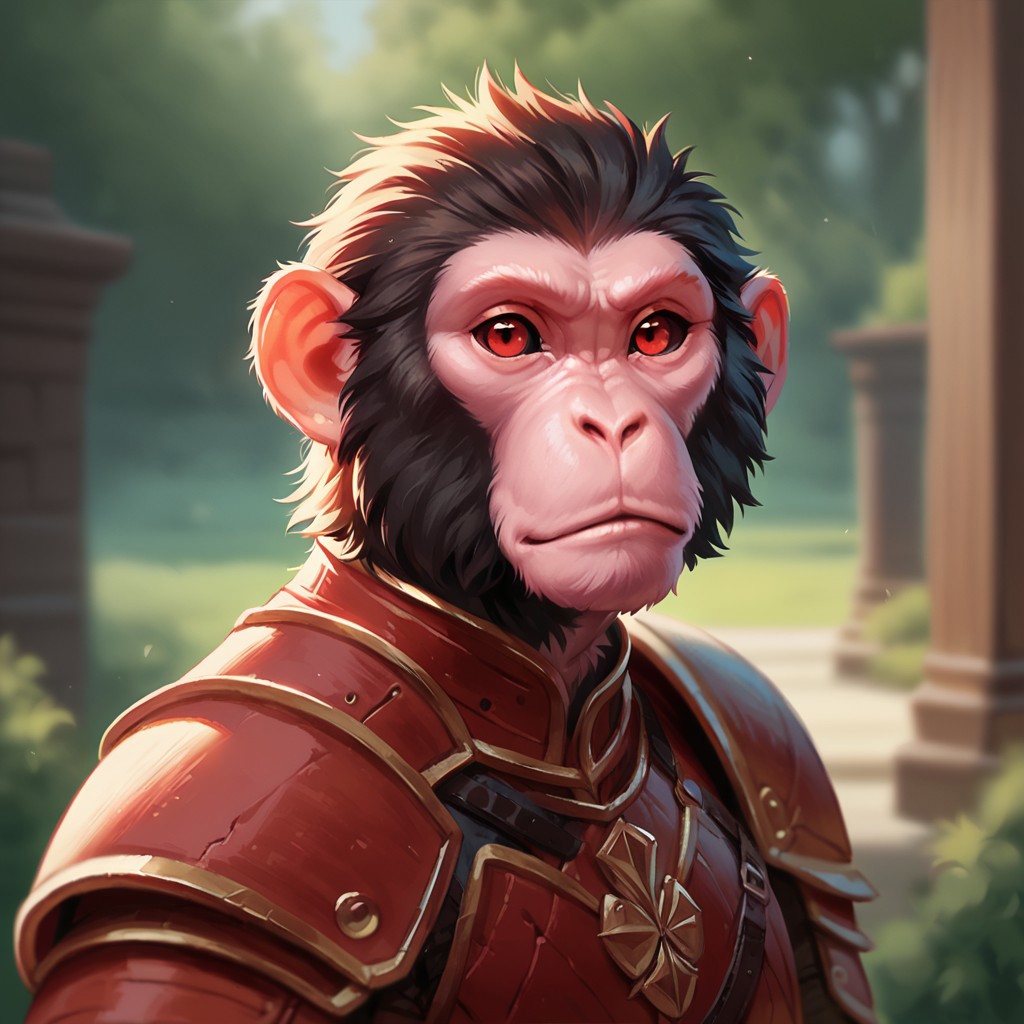 (((detailed, beautiful, high quality))), score_9, score_8_up, score_7_up, upper body,
hadozee, furry monkey, tail,
1boy, dark sclera, red eyes, male focus, red armor, pink skin, dark fur,
looking at the viewer, posing, blurred background, blurred fantasy background,